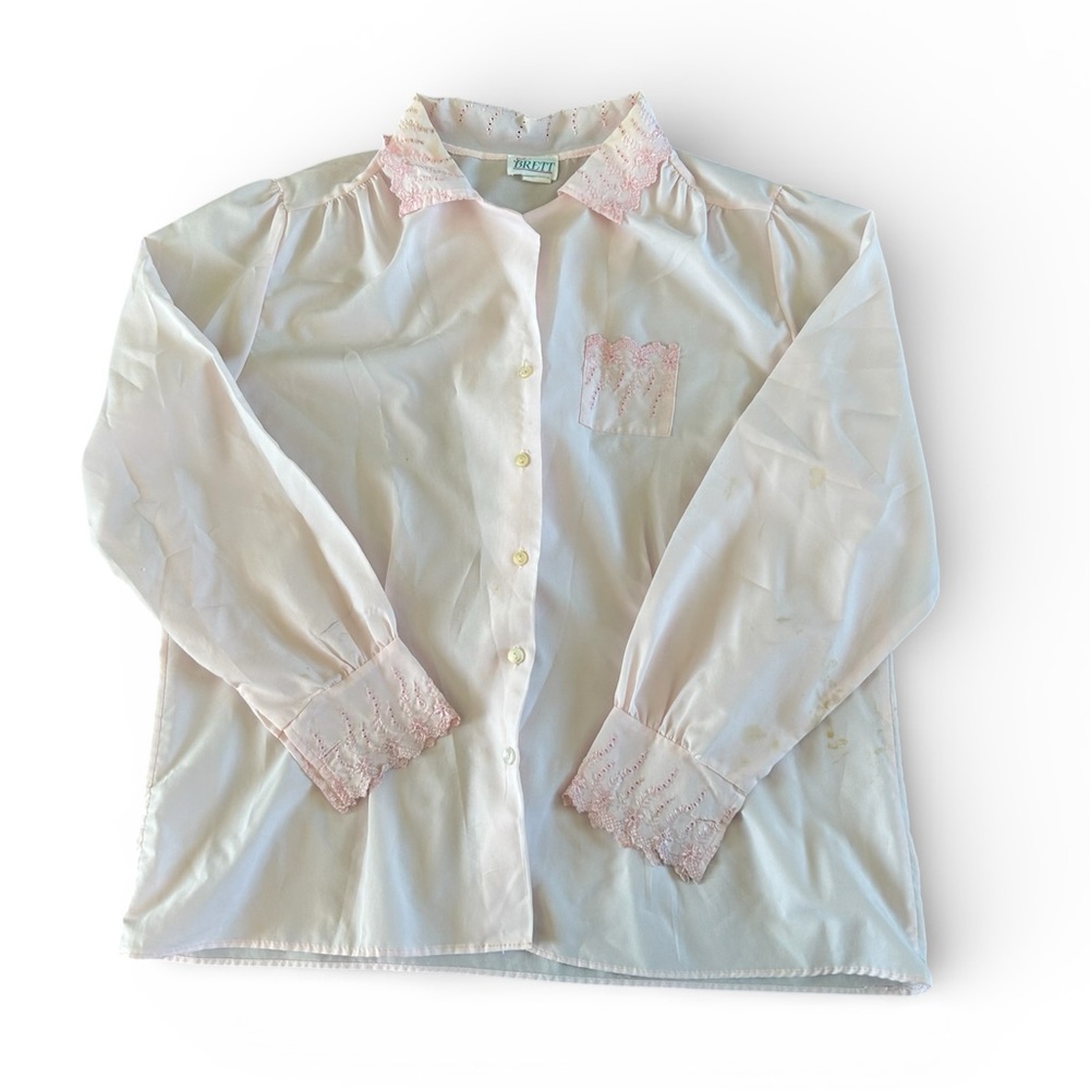 [Sue Brett] VTG 70s Pastel Pink Blouse with Pink Lace Trim